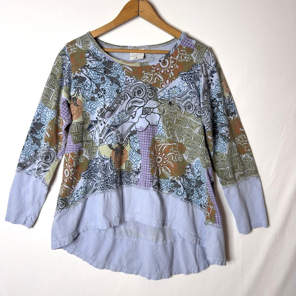 CMC Color Me Cotton Top Sz S Blue Print‎ Layered Art Wear 100% Cotton Lagenlook